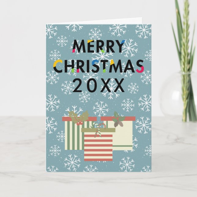 Tarjeta Festiva Cajas de Regalo navideño con copos de nieve (Anverso)