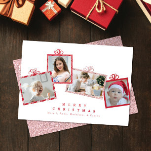 Tarjeta Festiva Cajas de regalos de fotos con purpurina roja y ros