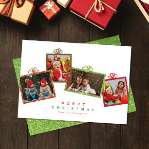 Tarjeta Festiva Cajas de regalos de fotos con purpurina verde y ro