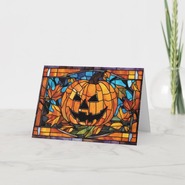 Tarjeta Festiva Calabaza alarmista para Halloween de vidrio templa (Anverso)