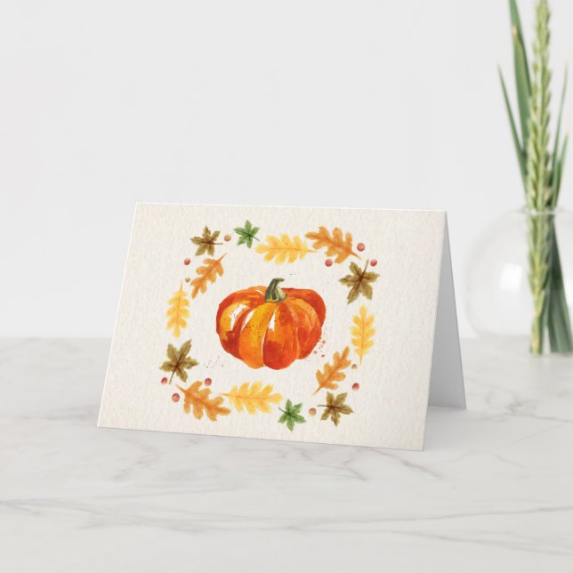 Tarjeta Festiva Calabaza de Acción de Gracias deja acuarelas (Anverso)