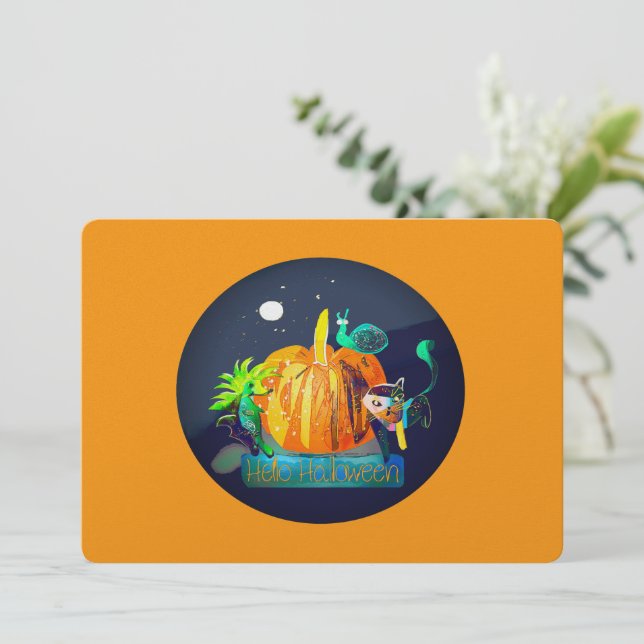 Tarjeta Festiva Calabaza de dibujos animados – Animales de Hallowe (Anverso de pie)