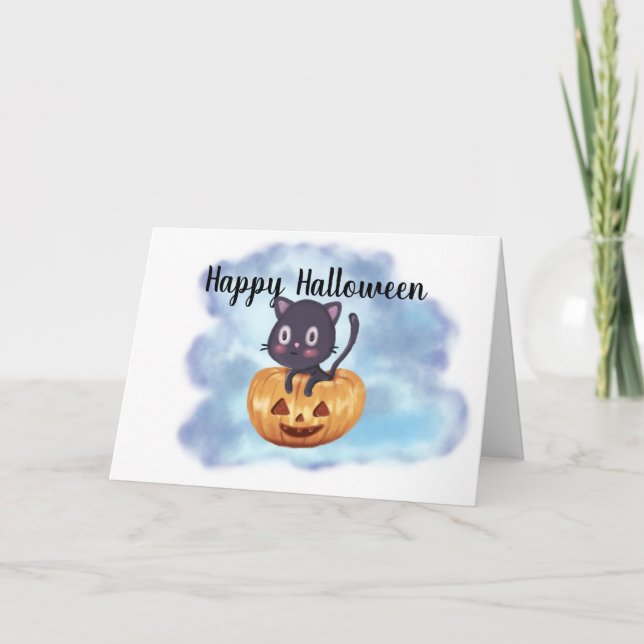 Tarjeta Festiva Calabaza de gato negro para el personalizado Kawai (Anverso)