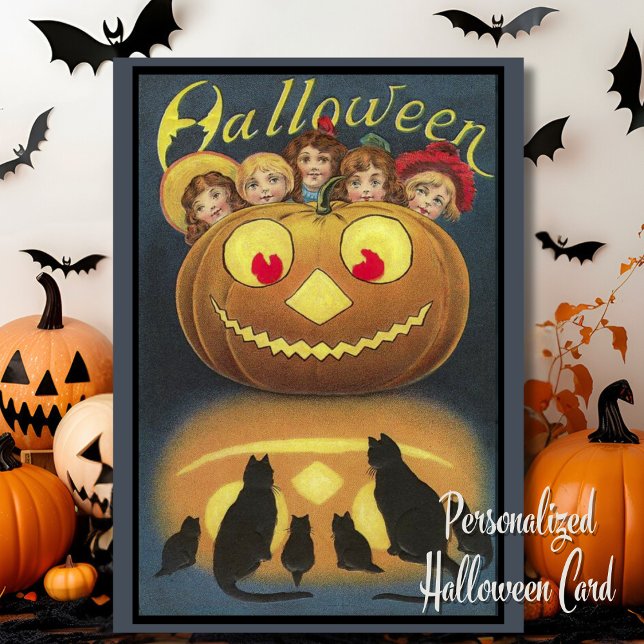 Tarjeta Festiva Calabaza de Halloween con Personalizado infantil (Vintage Halloween Pumpkin with Children Custom Card with editable message. Just add your name!)