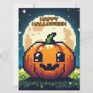 Tarjeta Festiva Calabaza de Halloween de 8 bits bajo la luna