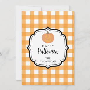 Tarjeta Festiva Calabaza de Halloween de cuadros naranjas de otoño