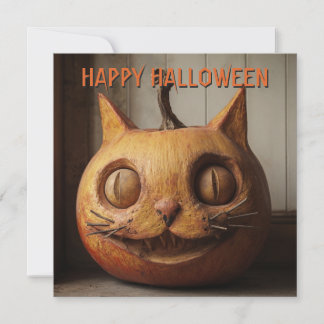 Tarjeta Festiva Calabaza de Halloween de gato tallado rústico