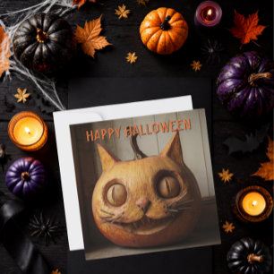 Tarjeta Festiva Calabaza de Halloween de gato tallado rústico