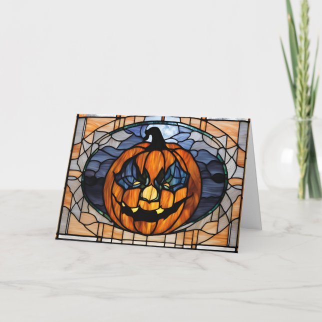 Tarjeta Festiva Calabaza de Halloween de Vidrio Emplomado de Terro (Anverso)