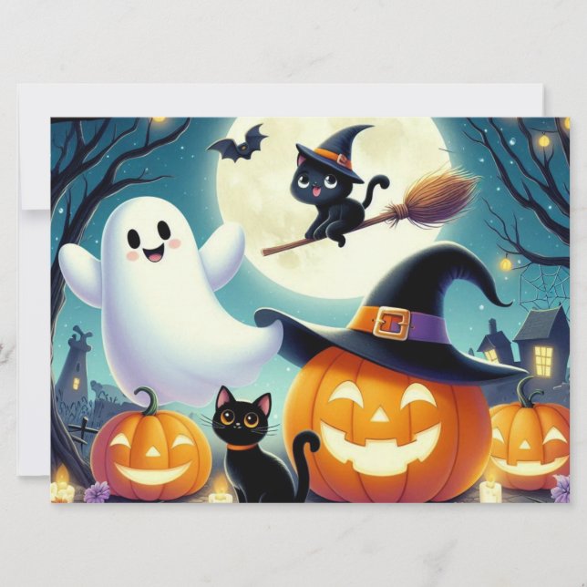 Tarjeta Festiva Calabaza de Halloween linda y caprichosa, gato y f (Anverso)