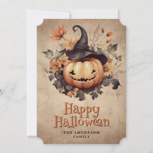 Tarjeta Festiva Calabaza De Halloween Vintage En Flores Gorras