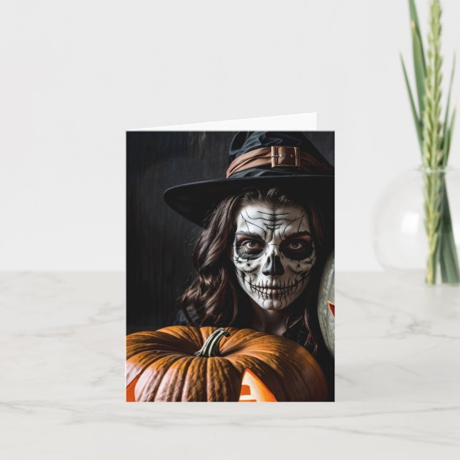 Tarjeta Festiva Calabaza de Halloween y Anime de los disfraces (Anverso)