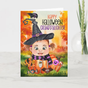 Tarjeta Festiva Calabaza Halloween de la nieta Little Witch Raven