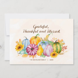 Tarjeta Festiva Calabazas Acuarela Girasoles Día de Acción de Grac