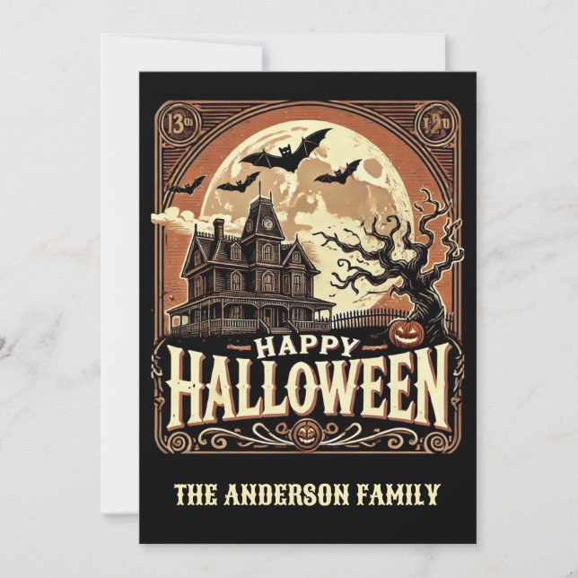 Tarjeta Festiva Calabazas atormentadas de la casa espantan Hallowe (Anverso)