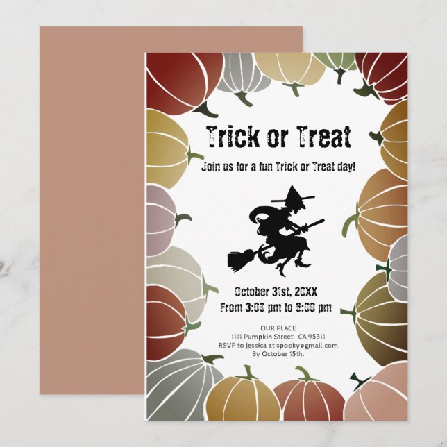 Tarjeta Festiva Calabazas de bruja voladoras espeluznantes con tru (Anverso / Reverso)