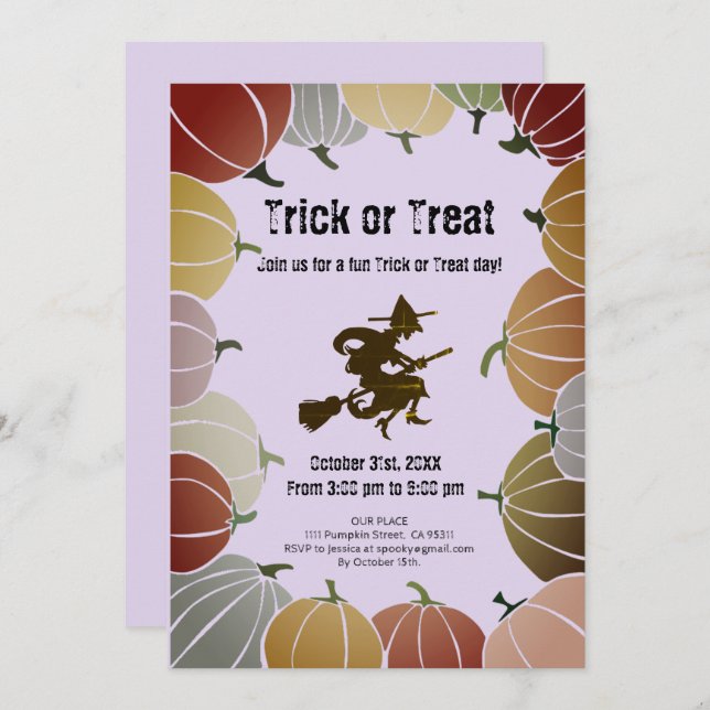 Tarjeta Festiva Calabazas de brujas voladoras espeluznantes con tr (Anverso / Reverso)