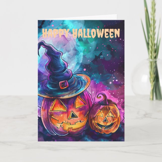 Tarjeta Festiva Calabazas de Halloween Neon (Anverso)