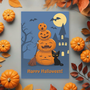 Tarjeta Festiva Calabazas de Halloween y gato negro