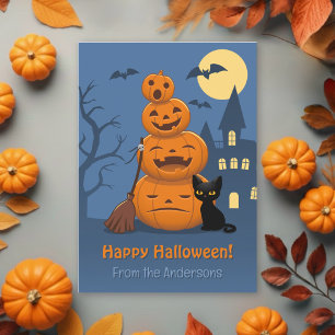 Tarjeta Festiva Calabazas de Halloween y gato negro de Familia