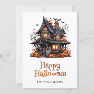 Tarjeta Festiva Calabazas de la casa embrujada de Halloween azotan