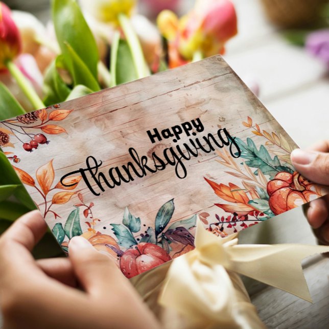 Tarjeta Festiva Calabazas de madera y hojas feliz Acción de Gracia (Subido por el creador)