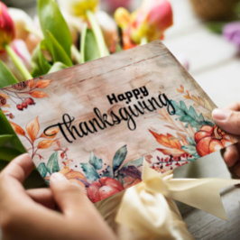 Tarjeta Festiva Calabazas de Madera y Hojas Feliz Día de Acción de