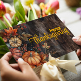 Tarjeta Festiva Calabazas de Madera y Hojas Feliz Día de Acción de