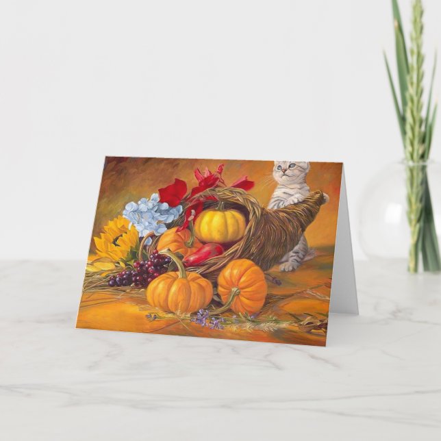 Tarjeta Festiva Calabazas del día de Acción de Gracias con gato (Anverso)