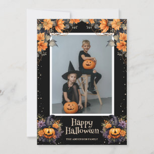 Tarjeta Festiva Calabazas Jack-O'-Lanterns Fotos florales Hallowee