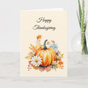 Tarjeta Festiva Calabazas naranjas y flores de otoño Día de Acción