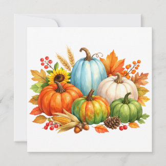 Tarjeta Festiva Calabazas y hojas de otoño en acuarela