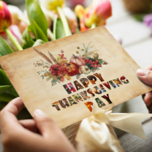 Tarjeta Festiva Calabazas y Hojas de Otoño en Lienzo Feliz Día de