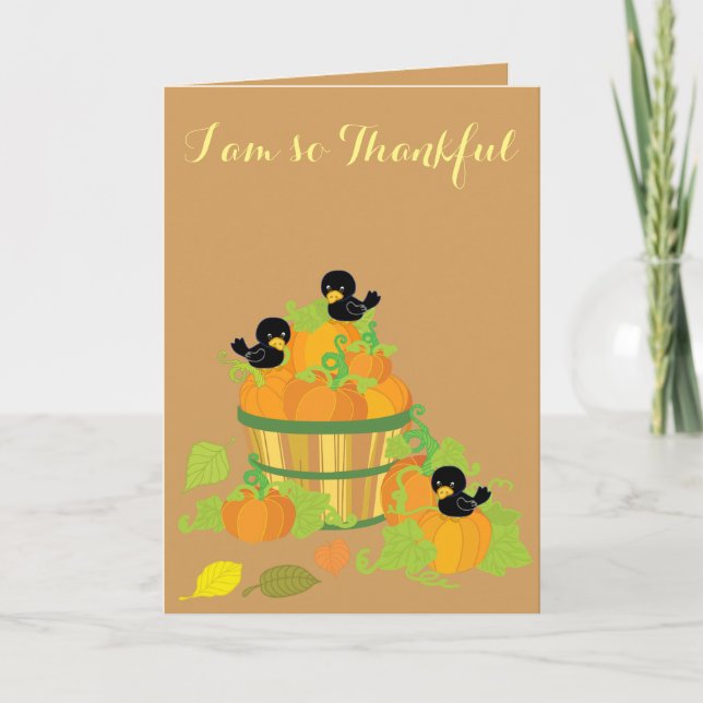 Tarjeta Festiva Calabazas y pájaros de Acción de Gracias (Anverso)
