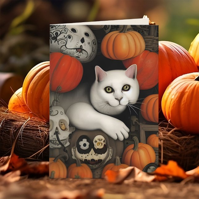 Tarjeta Festiva Calavera Calavera Calavera Halloween artístico (Ghost kitty white cat Halloween greeting card with pumpkins and calavera)