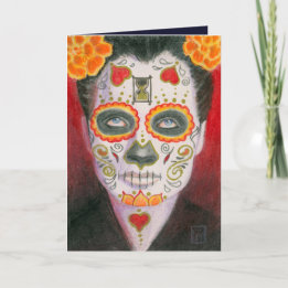 Tarjeta Festiva Calavera con Marigolds y Reloj de Arena