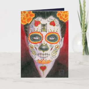 Tarjeta Festiva Calavera con Marigolds y Reloj de Arena