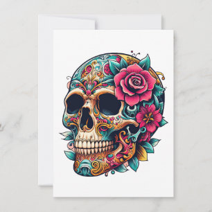 Tarjeta Festiva Calavera con tatuajes y flores