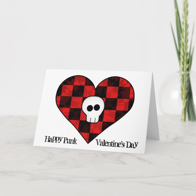 Tarjeta Festiva Calavera corta en el corazón de cuadros rojos (Anverso)