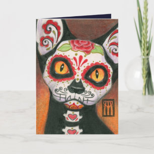 Tarjeta Festiva Calavera de Gato Azucarado