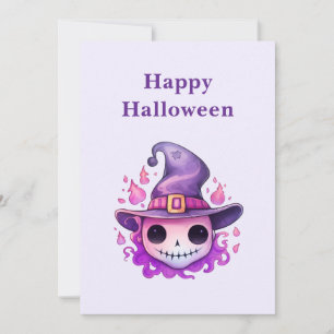 Tarjeta Festiva Calavera en sombrero de bruja caprichoso Halloween