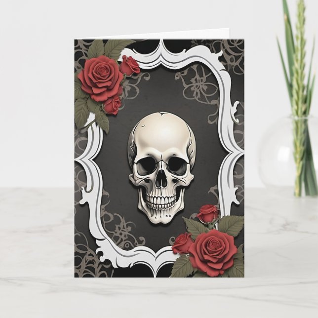 Tarjeta Festiva Calavera y rosas rojas en una Halloween con marco  (Anverso)