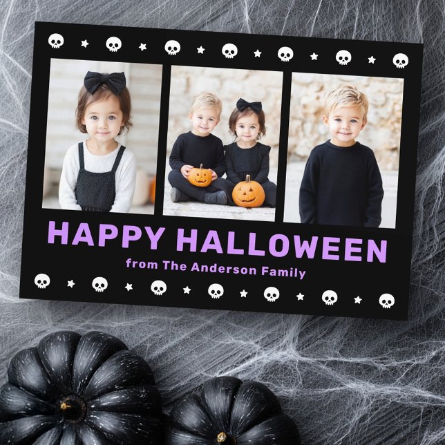 Tarjeta Festiva Calaveras cortas y estrellas foto de Halloween mor (Cute skulls and stars black purple Halloween photo Holiday Card)