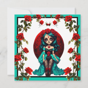 Tarjeta Festiva Calaveras de azúcar de rosas verde azuladas y roja