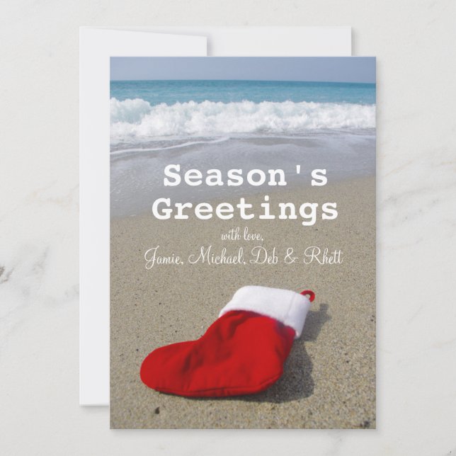 Tarjeta Festiva Calcetines de Santa Claus en una hermosa playa (Anverso)