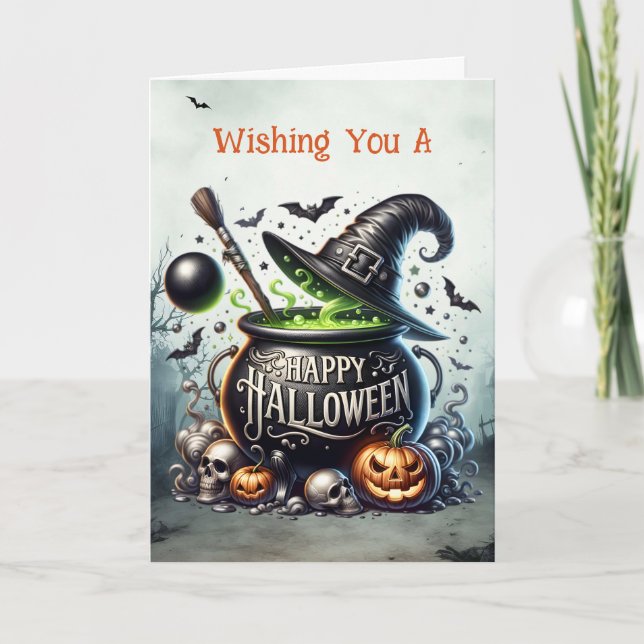 Tarjeta Festiva Caldero de brujas Feliz Halloween (Anverso)