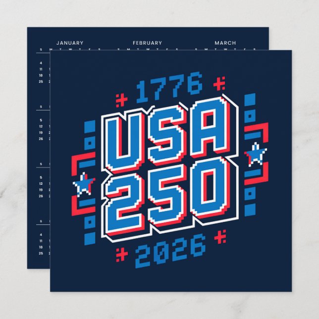 Tarjeta Festiva Calendar USA 250 – 1776 to 2026 Pixel Art (Anverso / Reverso)