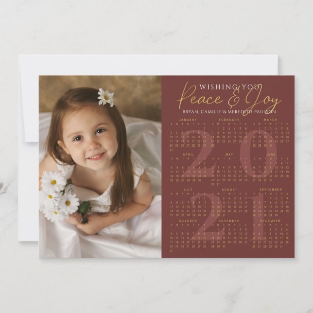 Tarjeta Festiva Calendario 2021 Mínimo PEACE JOY Photo Red Gold (Anverso)