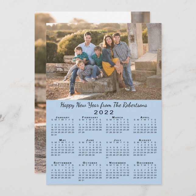 Tarjeta Festiva Calendario 2022 Luz Azul 2 fotos Feliz Año Nuevo (Anverso / Reverso)