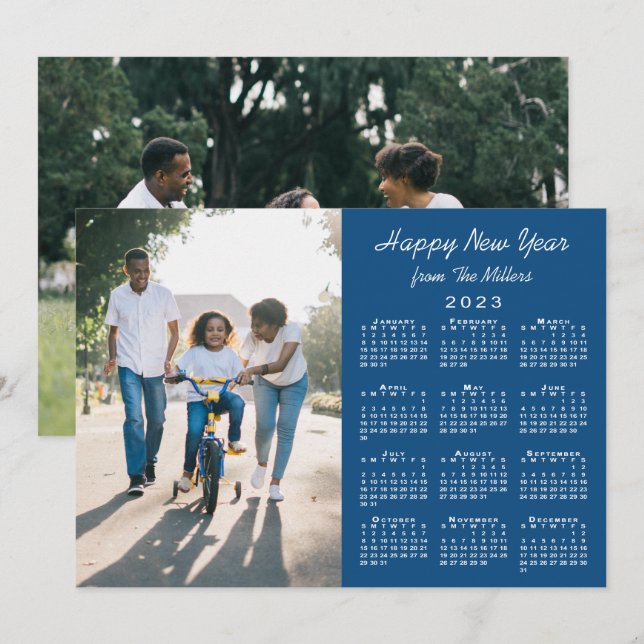 Tarjeta Festiva Calendario 2023 Modern Blue 2 Photo Happy Año Nuev (Anverso / Reverso)
